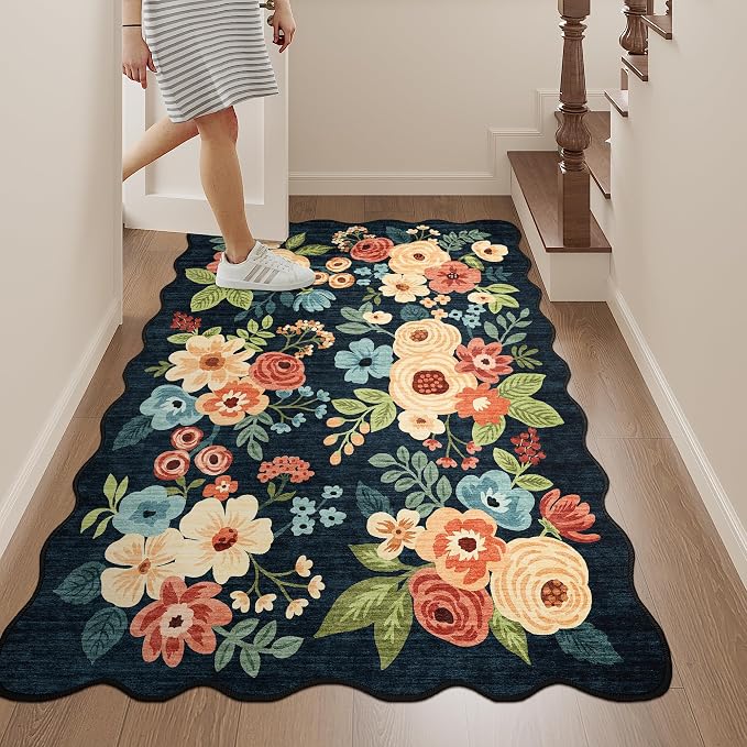 DUKINO 3x4 Rug, Non Slip Floral Washable Area Rug for Entryway, Navy Blue | Soft, Low Pile, Non-Shedding Indoor Throw Rugs for Kitchen, Hallway, Bedroom, Bathroom, Laundry, Pet Friendly, Home Decor