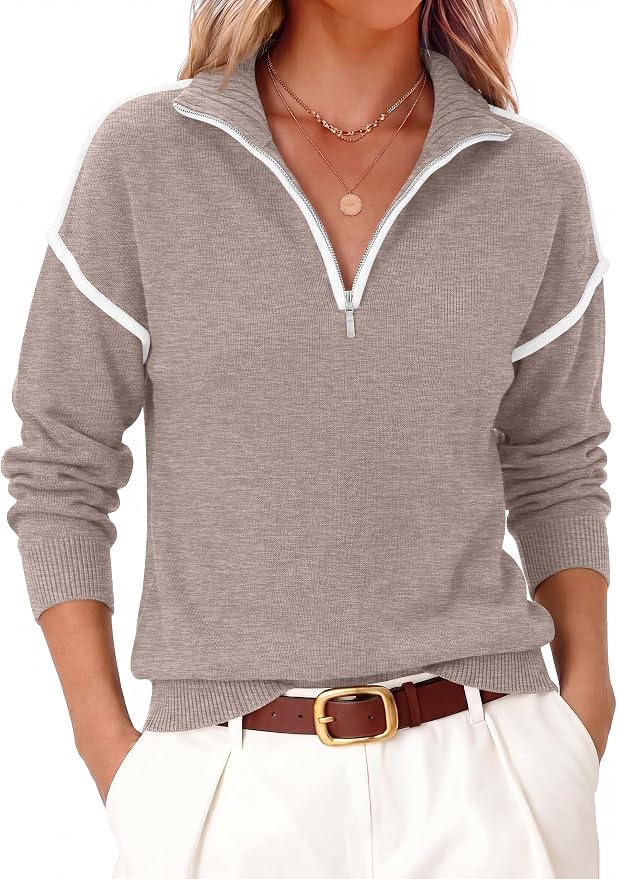 ANRABESS Womens Quarter Zip Sweaters Fall Long Sleeve V Neck Shirts Collared Business Casual Tops Knit Pullover Sweatshirts