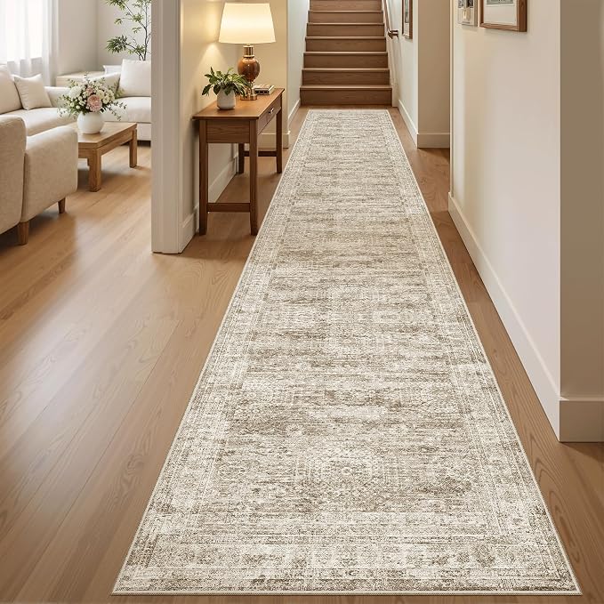 Soalmost Runner Rug 2x12 Washable Non-Slip Hallway Kitchen Runners Brown | Stain Resistant Vintage Rugs for Bathroom Laundry Room, Low Pile Foldable Floor Carpet Mat for Entryway Corridor Bedroom