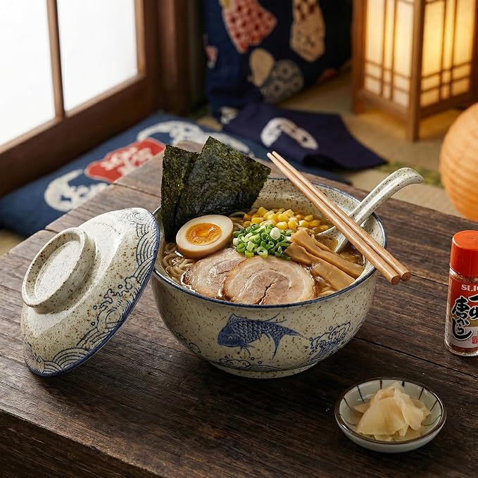 Ramen Bowl, DV 25 OZ Microwavable Japanese Korean Ramen Soup Bowl with Lid, Blue Fish and Wave Design