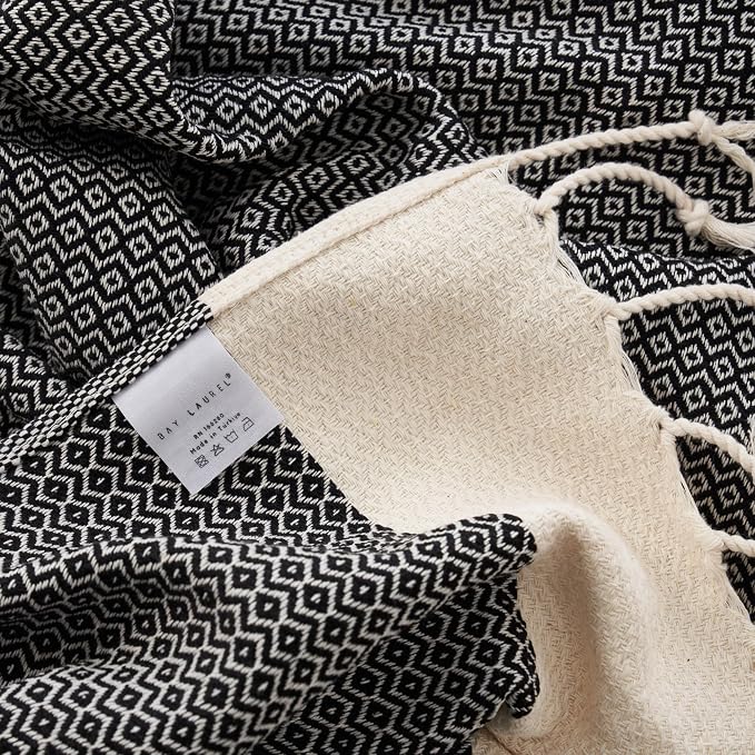 BAY LAUREL Turkish Hand Towel – Pack of 2 | Soft & Absorbent Decorative Towels for Bathroom, Hand, Face, Hair, Gym, Yoga, SPA, Kitchen & Tea | Boho Decor (Black, Diamond 16x40 Inches (Set of 2)