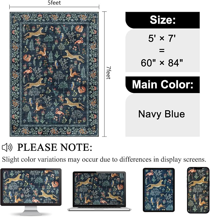 DUKINO 5x7 Area Rugs, Washable Animal Rug Living Room Non Slip, Navy Blue | Low Pile, Soft Indoor Carpet for Bedroom, Kids Room, Dining Room, Pet Friendly, Farmhouse, Stain Resistant, Non-Shedding