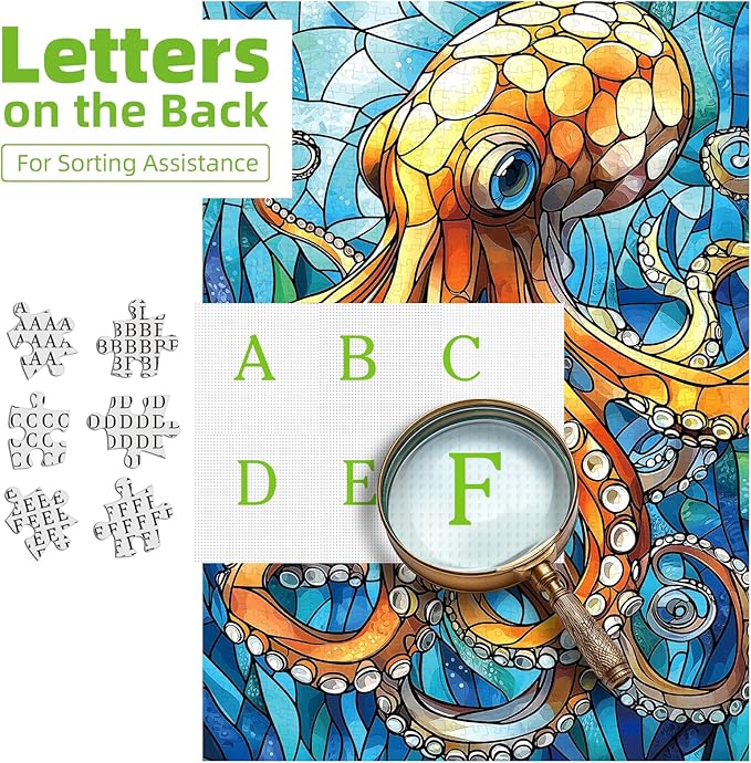 Stained Glass Octopus 500 Piece Puzzles for Adults Clearance, Beautiful Jigsaw Puzzle Art Challenging Art Puzzle for Gifts Party Games Family Fun, 23" X 15" Dust Free