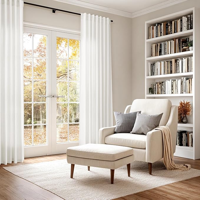 Nanspring Extra Long Beige White Curtains 108 Inch Length 2 Panels Set for Living Room Linen Semi Sheer Curtains Coastal Room Decor Floor to Ceiling Curtain for Bedroom Large Window 70x108