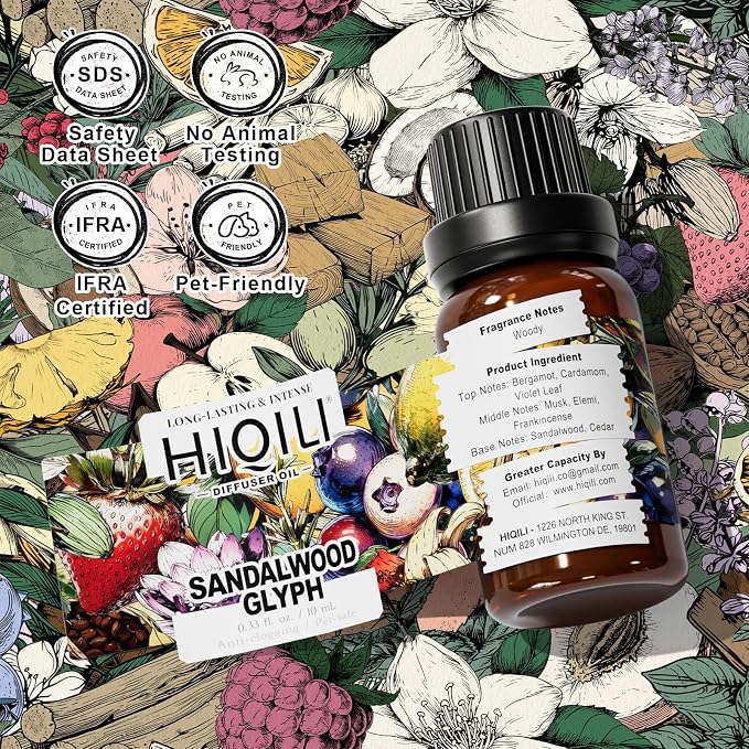 HIQILI Sandalwood Glyph Diffuser Oil, Inspired by Gio. Santal, Fall Scents, Long Lasting Scents for Home Diffuser, Relaxing - 0.34 Fl Oz