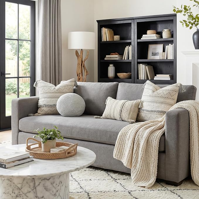 20X20 Throw Pillow Cover, Cream Neutral Square Decorative Cushion Cover with Gray Pattern, Boho Accent Pillowcase with Tufted Details and Tassels for Couch Sofa Living Room (Cover Only)