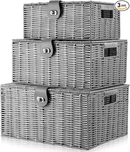 Set of 3 Woven Wicker Storage Basket Box with Lids & Lock, Built-in Carry Handles, Multifunctional Storage Organizer for Nursery, Baby, Clothes, Toys, Books, Large/Medium/Small Size (Grey)