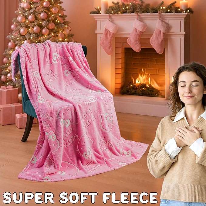 Hello Kitty Sanrio Glow in The Dark Throw Blanket 51x59” for Girls Teens Women, Soft Fleece Throw Blanket for Sofa Bed, Kawaii Gifts for Kids (Pink Hello Kitty)
