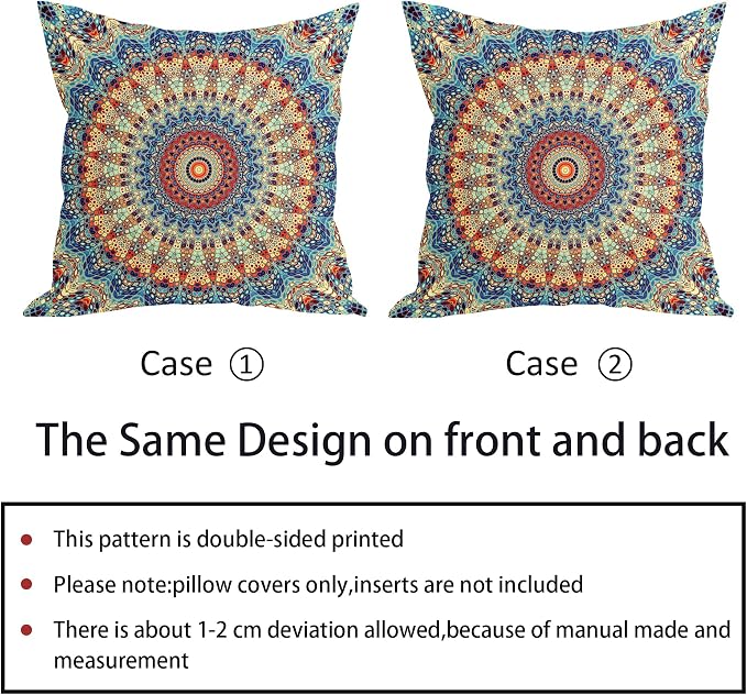 Boho Mandala Floral Pillow Covers 24X24 Inch Set of 2 Navy Blue Orange Abstract Flower Decorative Pillow Cases Colorful Retro Ethnic Cotton Linen Cushion Case Home Decor For Sofa Couch Porch Outdoor