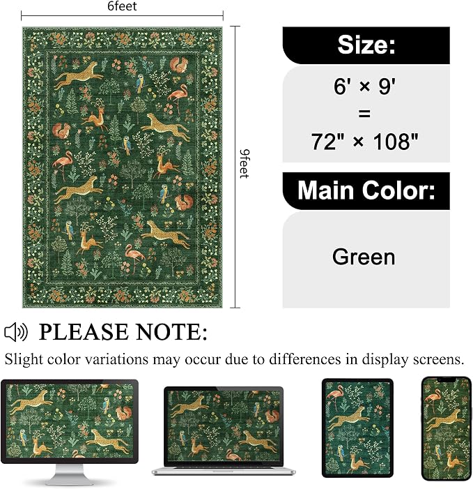 DUKINO 6x9 Area Rug, Washable Animal Living Room Rug Non Slip, Green | Soft, Low Pile, Non-Shedding Indoor Large Carpet for Bedroom, Dining Room, Kids PlayRoom, Farmhouse, Pet Friendly, Home Decor