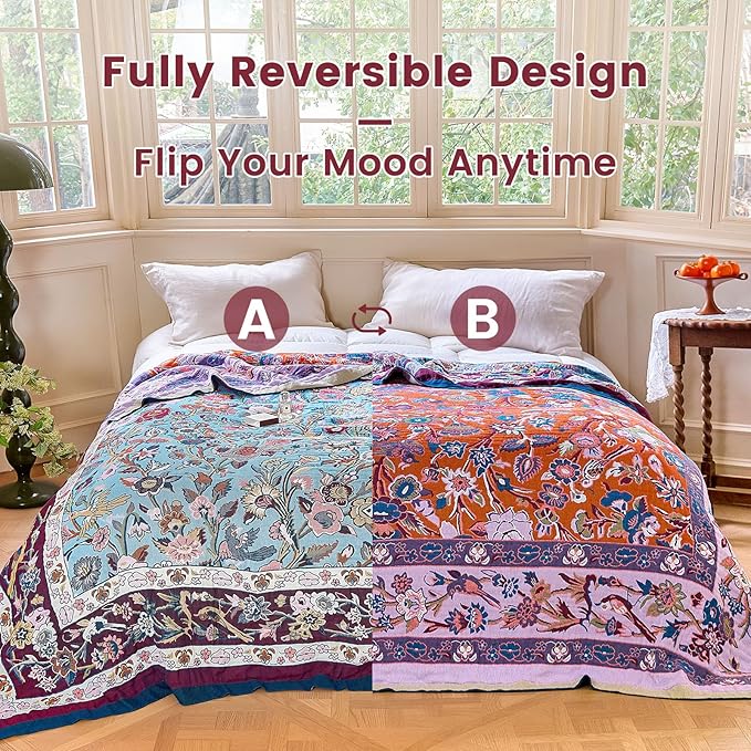 MSGKV Boho Throw Blanket 50"x60" Cotton Bird & Floral Throw for Bed & Couch | 100 Cotton Muslin, Bird & Floral Throw Blanket, Reversible Weave, Soft & Breathable, Nature Inspired Design, Machine Washable