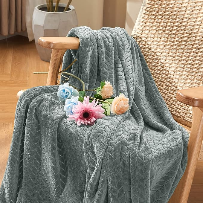 inhand Grey Fleece Queen Blanket for Bed, Super Soft Flannel Cozy Blankets for Adults, Lightweight Leaves Pattern Fuzzy Blanket for Office,Travel, Warm Plush Blankets for All Season, 90x90 Inches