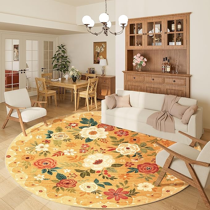 DUKINO 6ft Round Rug, Soft Washable Circle Rug for Bedroom Non Slip, Orange | Low Pile, Stain Resistant Indoor Rug for Living Room, Dining Room, Kids Room, Office, Pet Friendly, Home Decor, Non-Shedding