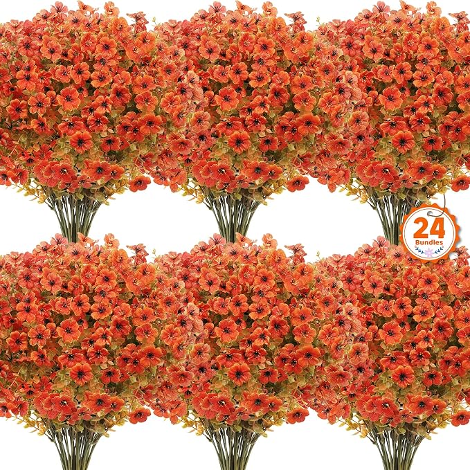 Ouddy Decor 24 Pcs Artificial Fall Flowers, Fake Mums Outdoors, Fall Orange | Lifelike faux mums, silk flower, UV resistant, no-maintenance, for autumn Thanksgiving garden porch yard indoor outdoor decor