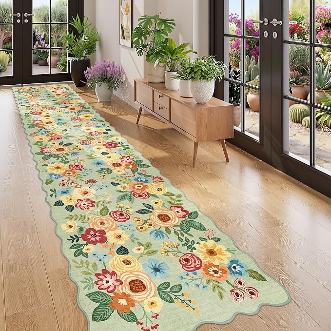 DUKINO 2.6x12 Washable Runner Rug, Floral Non Slip Long Kitchen Rug, Green | Low Pile, Stain Resistant, Soft Throw Rugs Runner for Hallway, Entryway, Bedroom, Bathroom, Modern Home Decor, Non-Shedding