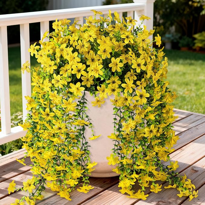 INQCMY Artificial Fake Hanging Flowers Plants for Outdoor Fall Decoration | 2 PCS Faux Silk Daisy with Eucalyptus Leaves,UV Resistant Look Real for Outside Home Planter Porch Patio Balcony Yard Decor