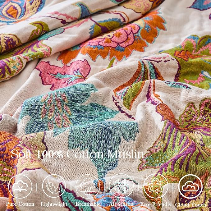 XIBLC Boho Throw Blanket 100% Cotton Vintage Blanket Muslin Woven Flower Decorative Throw Blankets All Season Bohemian Rustic Farmhouse Decor Quilt for Bed (Beige 90"x98")