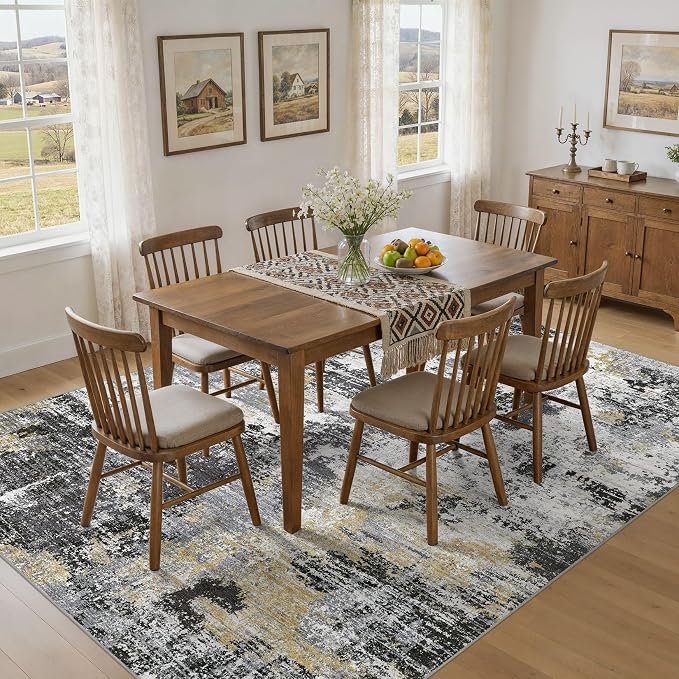 UERMEI 9x12 Area Rug for Living Room - Washable Neutral Modern Abstract Carpet, Non-Slip Soft Large Indoor Floor Rugs for Bedroom Home Office & Under Dining Table Decor, Black/White/Gold