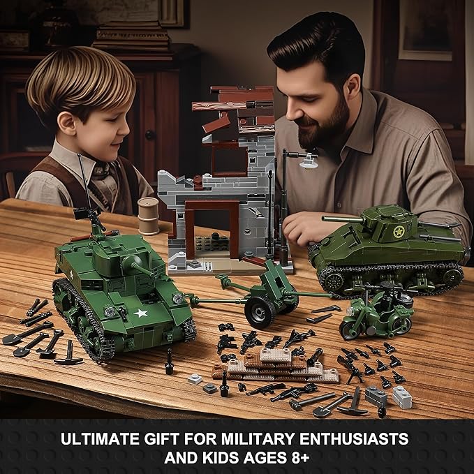 WW2 Army Tank Toys Building Sets Compatible with Lego (1452 Pieces), Includes Military Base, US Sherman & Stuart Tanks, Towed Howitzer, Motorcycle and Weapons, Great Military Toy Gifts for Boys Kids