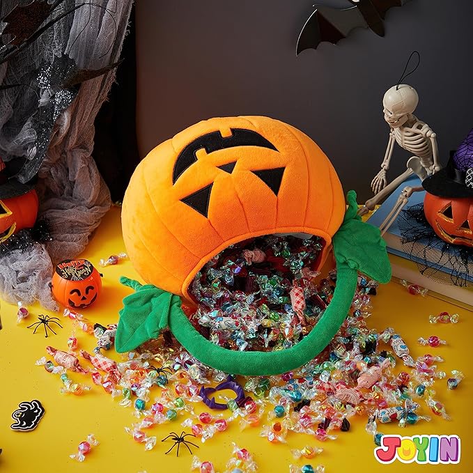 JOYIN Halloween Pumpkin Plush Tote Bucket, 11 X 13.4 inches Candy Trick or Treat Bag, Cute Halloween Basket with Handle for Kids Girl Boy Trick or Treating, Party Favor Supplies , Kids Gifts Goody Bag