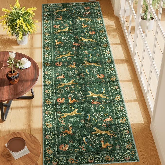 DUKINO 2x7 Runner Rug for Hallway, Washable Kitchen Rugs Non Slip, Green | Low Pile, Stain Resistant, Animal Indoor Carpet Runner for Hallway, Entryway, Bedroom, Bathroom, Lightweight, Pet Friendly