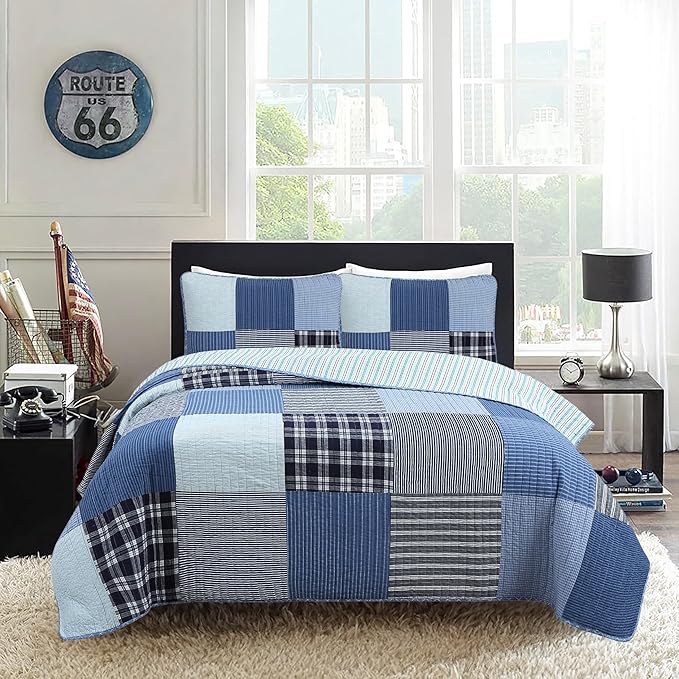 Cozy Line Home Fashions Plaid Patchwork Bedding Quilt Set, Navy Blue 100% Cotton Reversible Coverlet Bedspread for Kids Teen Boy (Craver, Twin - 2 Piece)