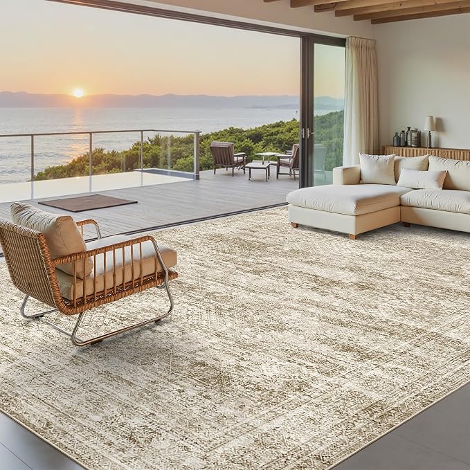 Soalmost Washable Area Rug 8x10 Large Soft Brown Rugs for Living Room | Vintage Non-Slip Carpet for Dining Bedroom, Stain Resistant Low Pile Foldable Lightweight Floor Mat Under Table Home Decor
