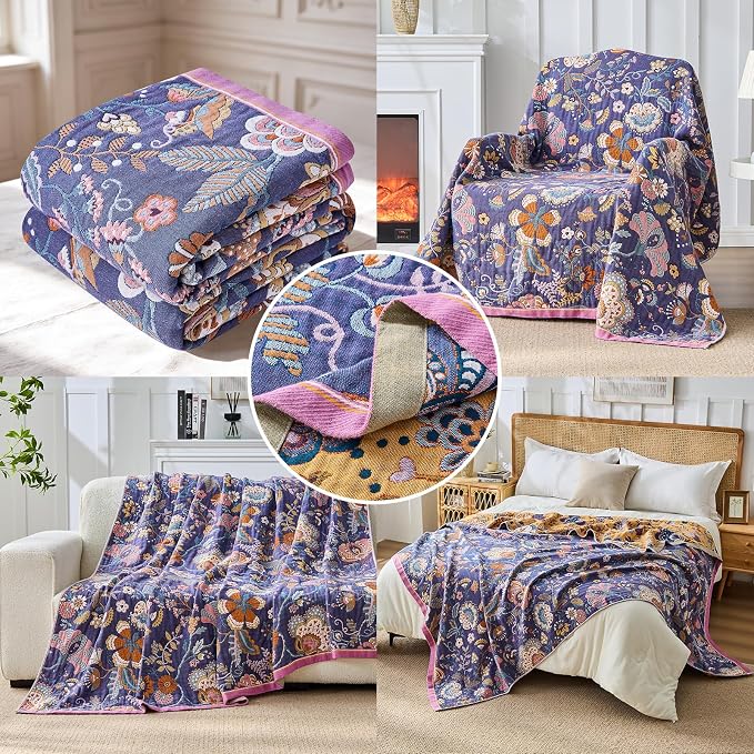 Boho Throw Blanket Farmhouse Decor Throw Blanket Bohemian Blanket for Bed 100% Cotton Muslin Woven Couch Blanket All Seasons Quilt Bedroom (H-Purple, 90"x98")