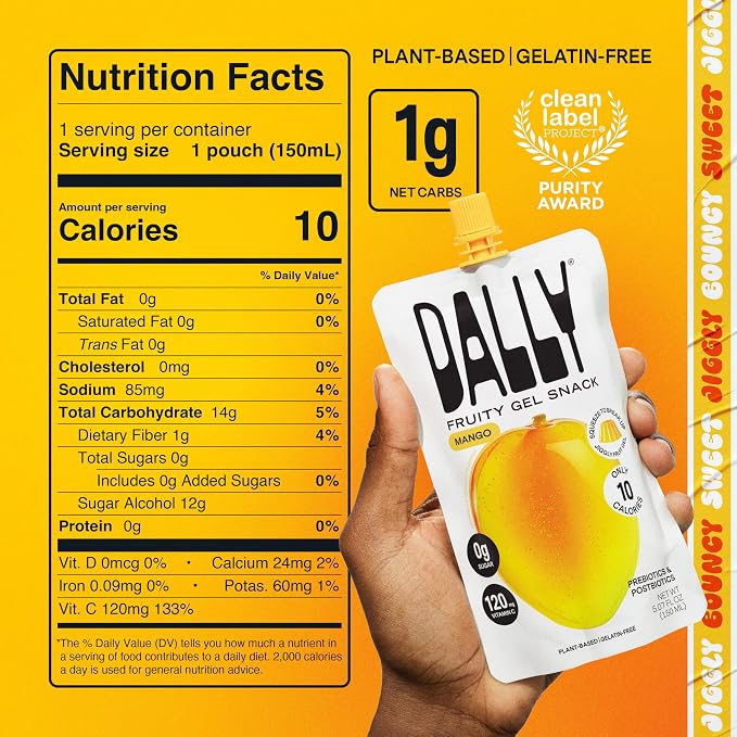 Dally Mango Drinkable Konjac Jelly, 10 Pouches, Korean Fruit Snack | Sugar free, keto and gluten free; prebiotics, postbiotics and vitamin C for skin and immune health
