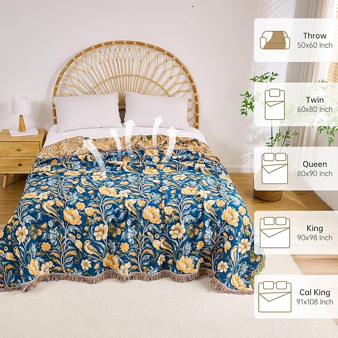 VANJOROY Boho Throw Blanket, 100% Organic Cotton Breathable Ultra Soft 91" x 108" King Bed Quilt Throw - All Season Floral Rustic Farmhouse Decor Luxury Blanket for Sofa Couch Chair and Gift