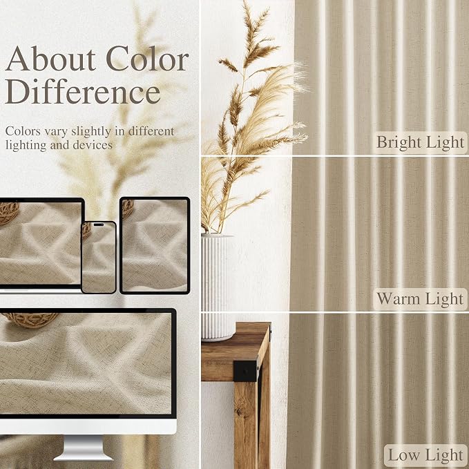 Nanspring Eggshell Beige Curtains for Living Room 72 Inches Long Linen Blend Luxury Light Filtering Semi Sheer Curtain Back Tab Rustic Decor Neutral Elegant Drapes for Bedroom Office 52x72, 2 Panels