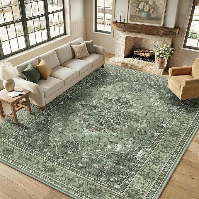 RELEANY Area Rugs Large 9'x12' Washable Non-Slip, Floral Vintage Distress Medallion Carpet for Living Room Bedroom Dining Room, Dark Green Gray
