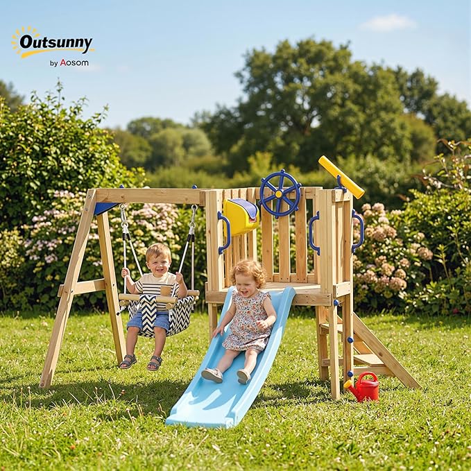 Outsunny Swing Set for Backyard, Wooden Toddler Outdoor Playset with Baby Swing Seat, Kids Slide, Fort, Playground Equipment with Captain's Wheel, Telescope for Ages 1.5-4, Natural