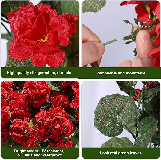 Artificial Geraniums Fake Flowers for Outdoors Decoration, 6 Bundles Silk Geraniums Red Flower UV Resistant Look Real Faux Plants for Front Door Garden Porch Planter Patio Balcony Yard Indoor Home