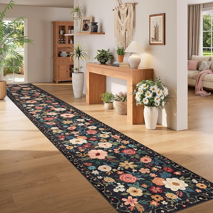 DUKINO 3x20 Runner Rug for Hallway, Floral Washable Long Runner Rug, Black | Non Slip, Low Pile, Indoor Rug Runner for Kitchen, Entryway, Bedroom, Bathroom, Laundry, Pet Friendly, Home Decor, Ultra-Thin