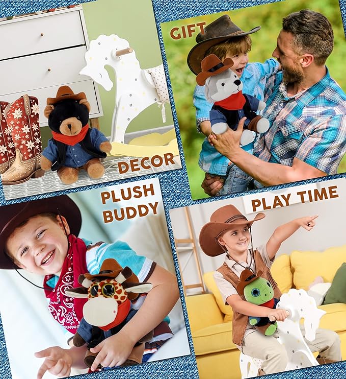 DolliBu Cowboy Stuffed Animal Dress Up Set - Western-Themed Outfit with Hat, Jeans, Vested Shirt, Bandana Cowboy Costume - Pretend Play Accessories for Teddy Bears - Small for 5 to 7 Inch Plush Toys