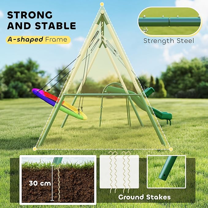 Qaba Swing Set for Backyard with Adjustable Seat and Saucer Swing, 5' Slide, Heavy Duty A-Frame Metal Stand Outdoor Playground Playset for Kids, Dark Green, 112" x 91" x 73"