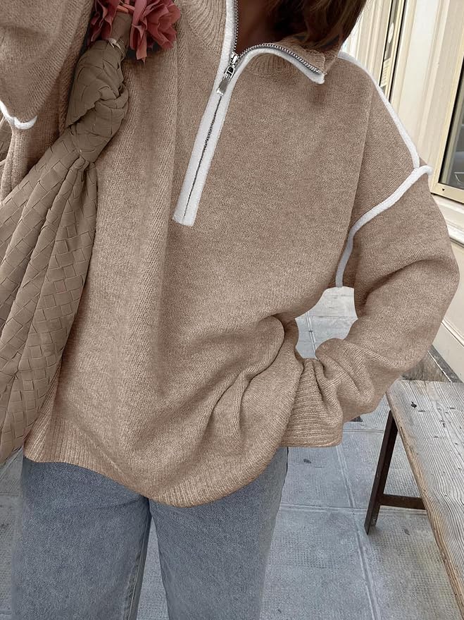 ANRABESS Womens Quarter Zip Sweaters Fall Long Sleeve V Neck Shirts Collared Business Casual Tops Knit Pullover Sweatshirts