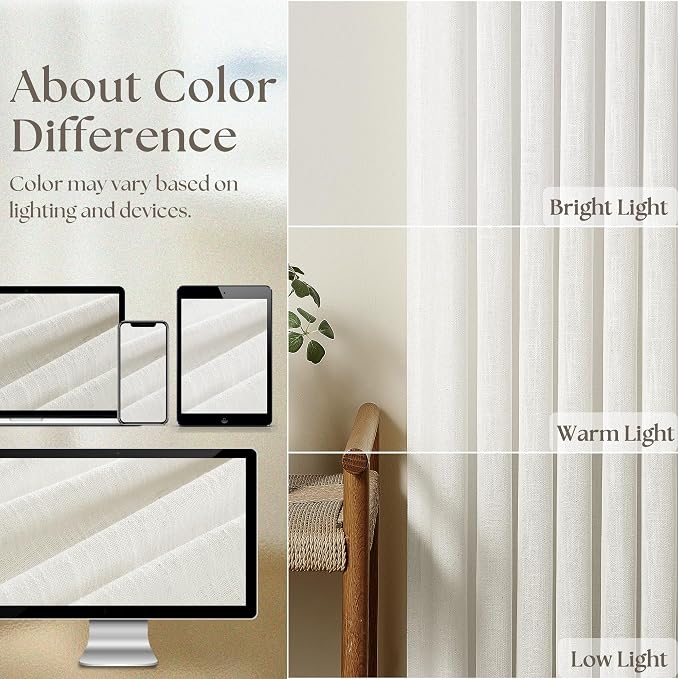 Off White Linen Curtains 102 Inches Long 2 Panels for Living Room Modern Thick Linen Flax Pinch Pleated Memory Trained Light Filtering Ceiling Semi Sheer Curtain with Hook Rings Ivory Beige White