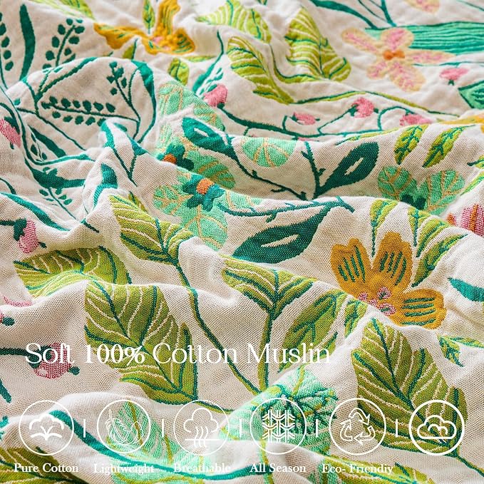 XIBLC Boho Throw Blanket 100% Cotton Vintage Blanket Muslin Woven Flower Decorative Throw Blankets All Season Bohemian Rustic Farmhouse Decor Quilt for Bed (Beige 90"x98")