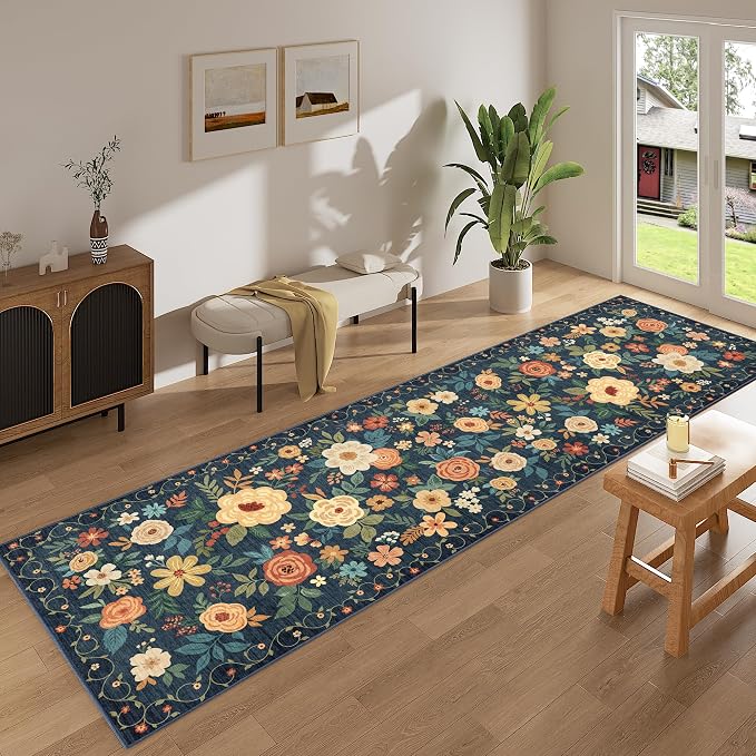 DUKINO 3x10 Runner Rug, Washable Kitchen Runner Rug Non Slip, Navy Blue | Soft, Low Pile, Floral Indoor Rug Runner for Hallway, Entryway, Bedroom, Bathroom, Home Decor, Pet Friendly, Stain Resistant