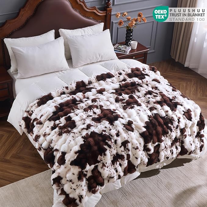 Faux Fur Throw Blanket for Couch, Fluffy Fuzzy Plush Bubble Blanket, Soft Warm Cozy Shaggy Rabbit Blanket, Luxury Decorative Gifts for Sofa Bedroom Living Room, 90x90inch (Cow Print-Brown)