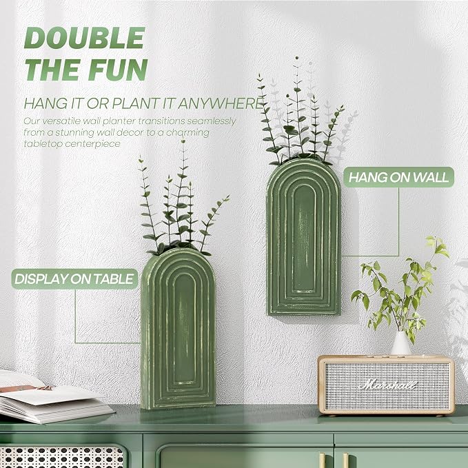EOSAHR Wall Vase for Flower: Wall Planter Holder for Boho Wall Decor, Green | 2Pcs, Pine Wood, 3D Embossed Lines, Round Corner Design, for Both Wall & Desktop, Green Wall Decor, Wall Art for Bedroom