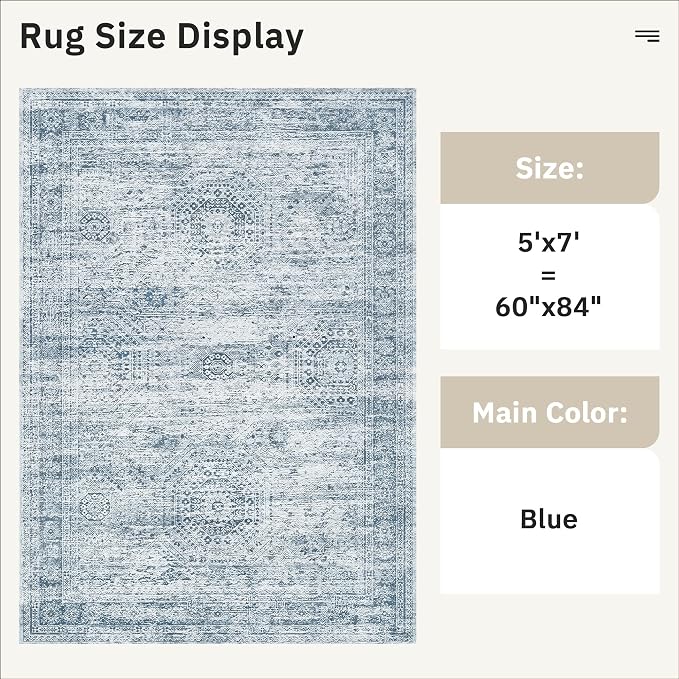 Soalmost 5x7 Area Rugs Blue Low Pile Washable Trendy Faded Style Rug | Vintage Non-Slip Indoor Accent for Bedroom Dining, Foldable Stain Resistant Floor Carpet Mat Under Table Home Office Decor