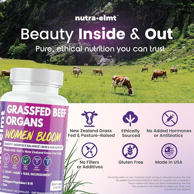 Beef Organ Supplement for Women – NZ Grass Fed | Biotin Collagen Zinc | Women’s 5-organ blend with Uterus & Ovary + Beauty Trio: Biotin, Collagen & Zinc. NZ Grass-Fed. Made in USA. 2 caps daily.