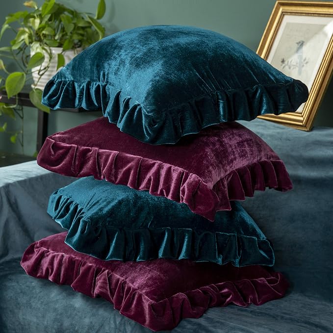 GLORY SEASON Velvet Throw Pillow Cover Soft Decorative Luxurious Solid Square Cushion Case for Sofa Couch Bedroom Farmhouse,Pack of 2, 18 x 18 Inches, Amaranth