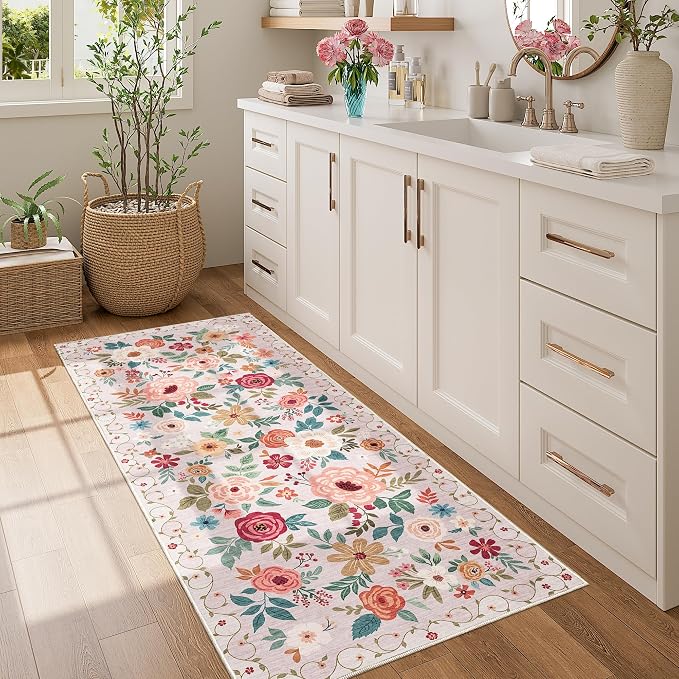 DUKINO 2x5 Runner Rug, Floral Washable Rug for Kitchen Non Slip, Beige | Low Pile, Soft, Stain Resistant Indoor Rug Runner for Entryway, Hallway, Bedroom, Bathroom, Laundry, Pet Friendly, Home Decor
