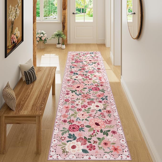 DUKINO 2x8 Runner Rug, Washable Runner Rug for Kitchen Non Slip, Pink | Floral, Low Pile, Soft Indoor Rug for Hallway, Entryway, Bedroom, Bathroom, Pet Friendly, Stain Resistant, Modern Home Decor