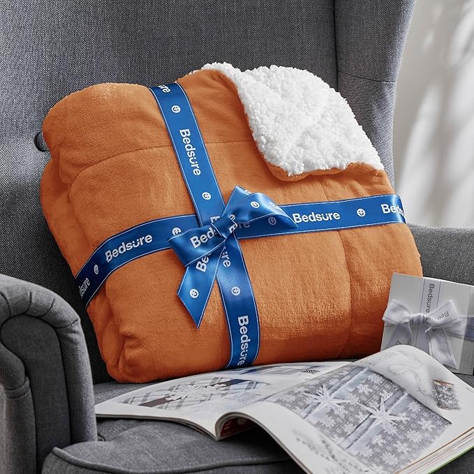 Bedsure GentleSoft Sherpa Fleece Blanket Queen Size for Bed, Non-Heated, Thick and Warm Throw for Women and Men, Soft Fuzzy Plush Queen Blanket for Winter, Burnt Orange, 90x90 Inches