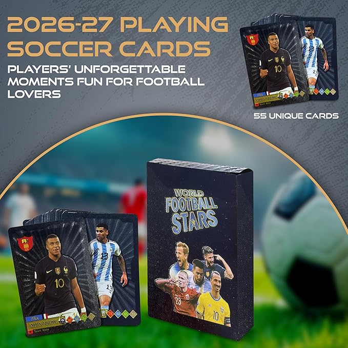 2026-27 Playing Soccer Cards | 55 Non-Duplicate Cards Per Pack | Fixed Card Set | Unforgettable Moment for Friends, Siblings & Soccer Fans | Printed on Premium Paper – Black – Not Original